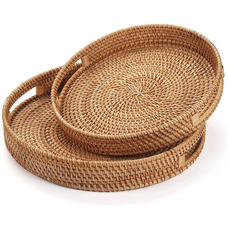 Rattan Tray Handle - صينية تقديم دائرية من الخيزران، صواني